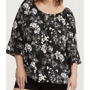 Torrid 3 Plus Size 3X Floral Bell Sleeve Georgette Blouse Top Black & White
